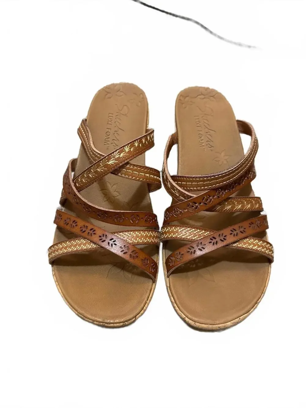 Skechers Cali Beverlee Tiger Posse Wedge Sandals Luxe Foam Strappy Brown US 8